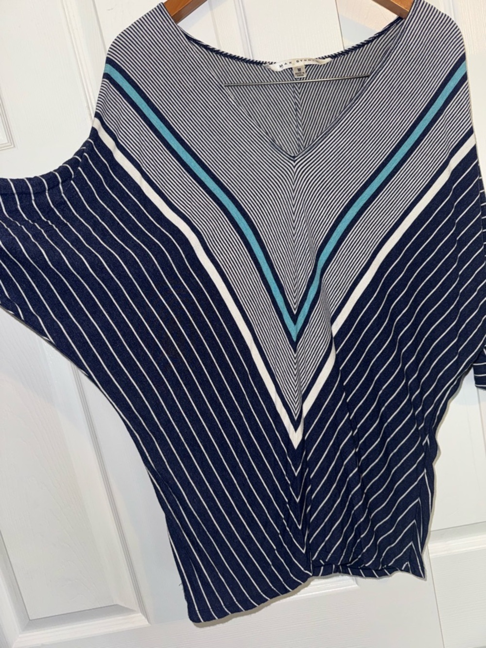 Max Studio Striped Dolman Top Blue White Teal V-Neck Stretch Blouse Size M